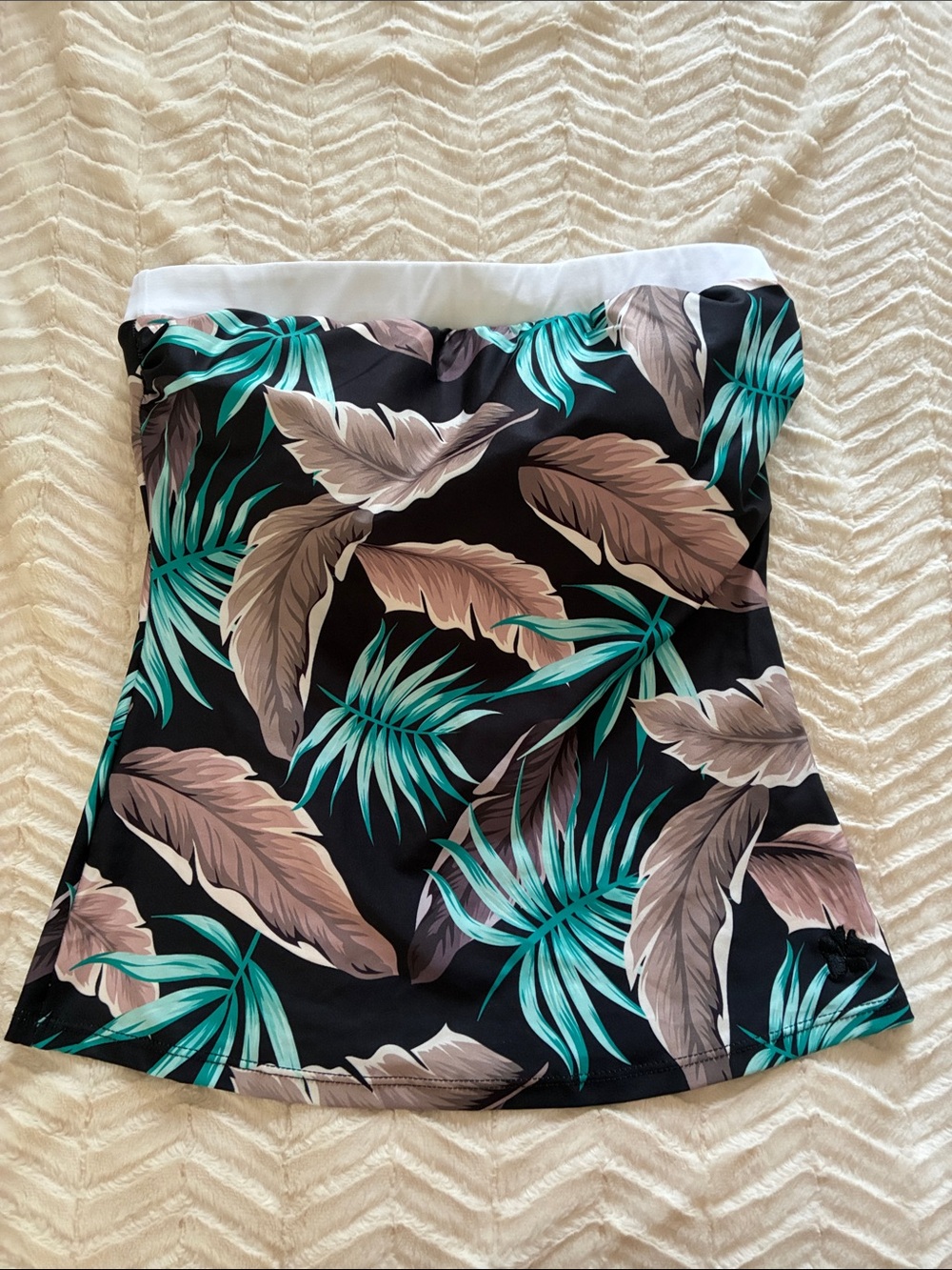 Hapari Tropical Strapless Swim Top - Black with Teal & Taupe Leaf Print M (8-10)